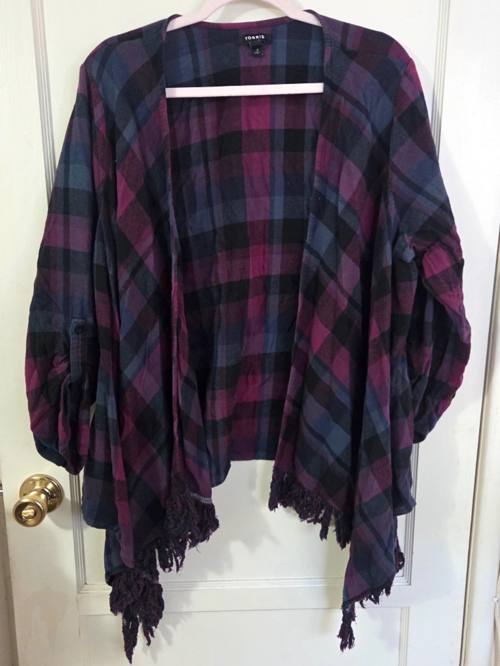 Torrid Plaid Flannel Open Cardigan Fringe Hem Size 3